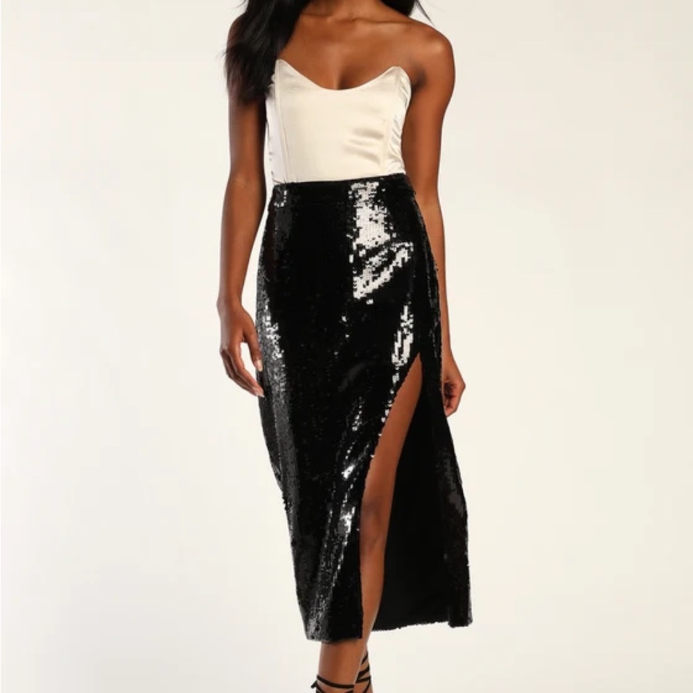 Lulus Throwing Sparkles Shiny Black Sequin Midi Skirt with Slit - NWT